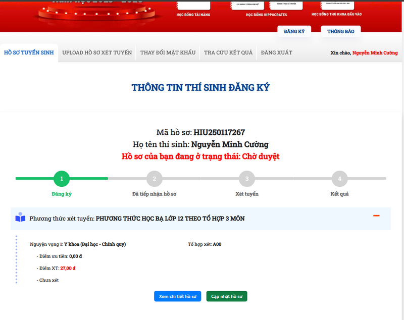 Bước 3: Hồ sơ thí sinh